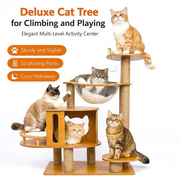 Goldencat Tall Cat Scratching Tree 60x40x135 cm Natural Multi-Level Cat Tower with Sisal Scratching Posts, Condo & Acrylic Space Capsule Bed – Indoor Cat Furniture for Climbing, Scratching & Resting