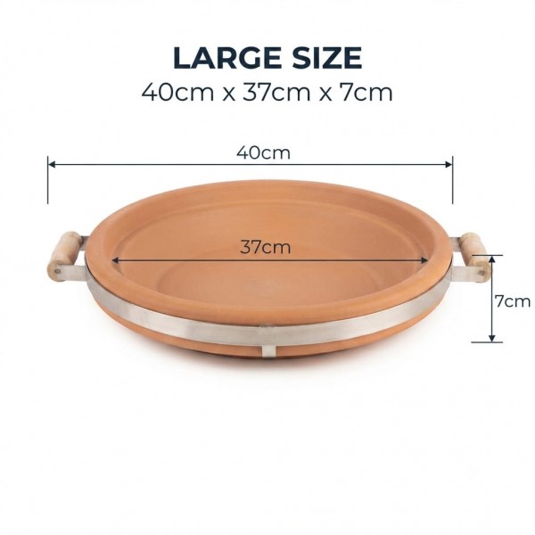 Terracotta Bird Feeder & Bird Bath Tray with Steel Reinforced Band and Wooden Handles, Heavy Duty Outdoor Wildlife Feeding Dish, Rustic Garden Decor, Large, 40 x 37 x 7 cm