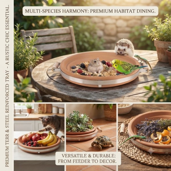 Terracotta Bird Feeder & Bird Bath Tray with Steel Reinforced Band and Wooden Handles, Heavy Duty Outdoor Wildlife Feeding Dish, Rustic Garden Decor, Large, 40 x 37 x 7 cm