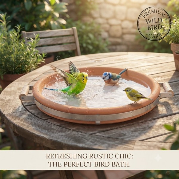 Terracotta Bird Feeder & Bird Bath Tray with Steel Reinforced Band and Wooden Handles, Heavy Duty Outdoor Wildlife Feeding Dish, Rustic Garden Decor, Large, 40 x 37 x 7 cm
