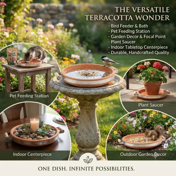 Terracotta Bird Feeder & Bird Bath Tray with Steel Reinforced Band and Wooden Handles, Heavy Duty Outdoor Wildlife Feeding Dish, Rustic Garden Decor, Large, 40 x 37 x 7 cm