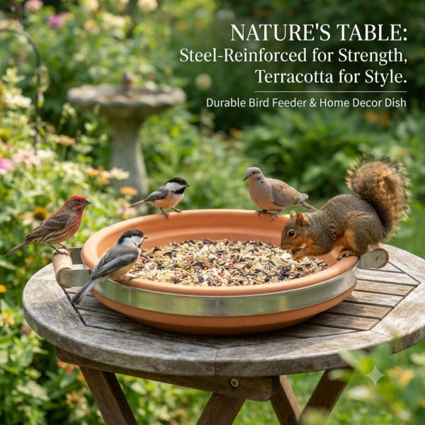 Terracotta Bird Feeder and Bird Bath Tray with Steel Reinforced Band & Wooden Handles, Medium Size 34.5 x 31 x 7 cm, Heavy Duty Outdoor Wildlife Feeding Dish for Garden Birds, Shallow Water Bowl, Rustic Decorative Tray for Patio Balcony Home Decor