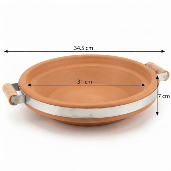 Terracotta Bird Feeder and Bird Bath Tray with Steel Reinforced Band & Wooden Handles, Medium Size 34.5 x 31 x 7 cm, Heavy Duty Outdoor Wildlife Feeding Dish for Garden Birds, Shallow Water Bowl, Rustic Decorative Tray for Patio Balcony Home Decor