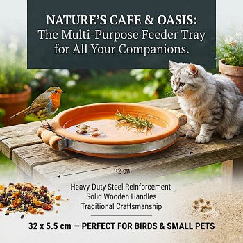 Terracotta Bird Feeder & Bird Bath Tray with Steel Reinforced Band and Wooden Handles, Heavy Duty Outdoor Wildlife Feeding Dish, Rustic Garden Decor, Small, 32 x 29 x 5.5 cm