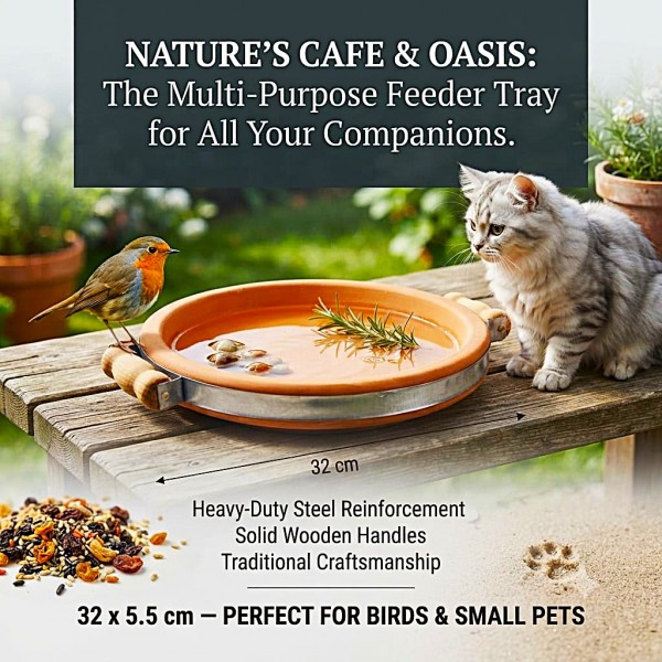 Terracotta Bird Feeder & Bird Bath Tray with Steel Reinforced Band and Wooden Handles, Heavy Duty Outdoor Wildlife Feeding Dish, Rustic Garden Decor, Small, 32 x 29 x 5.5 cm