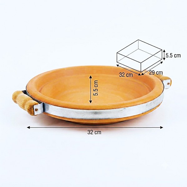 Terracotta Bird Feeder & Bird Bath Tray with Steel Reinforced Band and Wooden Handles, Heavy Duty Outdoor Wildlife Feeding Dish, Rustic Garden Decor, Small, 32 x 29 x 5.5 cm