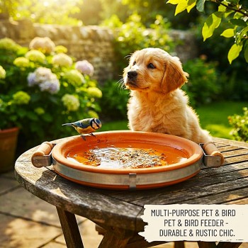 Terracotta Bird Feeder & Bird Bath Tray with Steel Reinforced Band and Wooden Handles, Heavy Duty Outdoor Wildlife Feeding Dish, Rustic Garden Decor, Extra Small, 27 x 23 x 4.5 cm