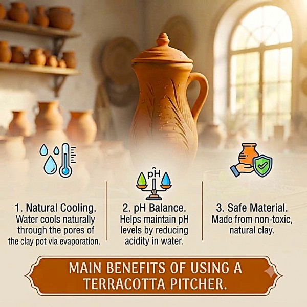 Handcrafted Moroccan Terracotta Pitcher with Lid, Natural Clay Water Jug, Hand-Carved Leaf Design, Rustic Earthenware Beverage Pitcher, Decorative Pottery Vase, 14 x 13 x 27 cm