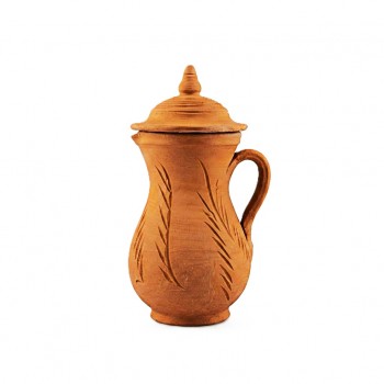 Handcrafted Moroccan Terracotta Pitcher with Lid, Natural Clay Water Jug, Hand-Carved Leaf Design, Rustic Earthenware Beverage Pitcher, Decorative Pottery Vase, 14 x 13 x 27 cm
