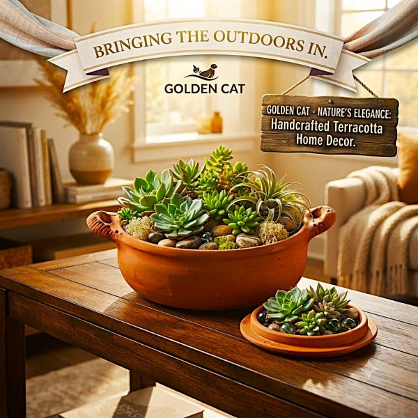 Natural Terracotta Bird Bath and Pet Feeding Bowl with Removable Lid, Handmade Earthenware Food and Water Bowl for Birds, Cats, Dogs & Small Animals, Rustic Garden Decor, Indoor Outdoor Planter, 33 x 24 x 17 cm