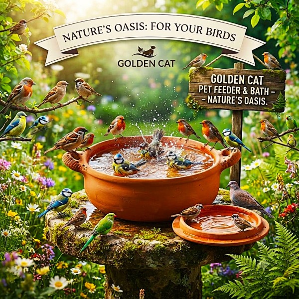 Natural Terracotta Bird Bath and Pet Feeding Bowl with Removable Lid, Handmade Earthenware Food and Water Bowl for Birds, Cats, Dogs & Small Animals, Rustic Garden Decor, Indoor Outdoor Planter, 33 x 24 x 17 cm