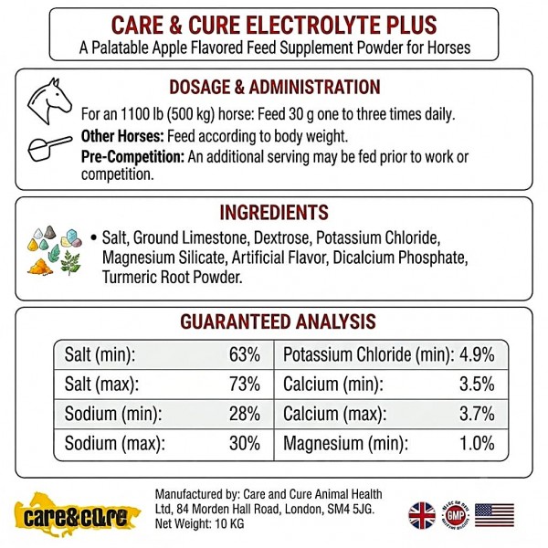 Care & Cure Electrolyte Plus Apple Flavored Electrolyte Feed Supplement Powder for Horses, Hydration & Mineral Support, Sodium Potassium Calcium Magnesium, 10 KG Bucket