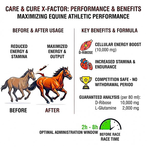 Care & Cure X-Factor Pre-Race Energy Paste for Horses 80 ml | D-Ribose L-Glutamine L-Carnitine Equine Energy & Stamina Supplement | Pre-Competition Horse Nutrition Paste