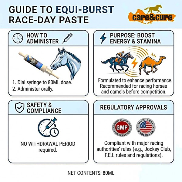 Care & Cure Equi-Burst 80ML Pre-Race Energy & Stamina Support Paste for Racing Horses & Camels, Oral Performance Supplement with Precision Dosing Syringe