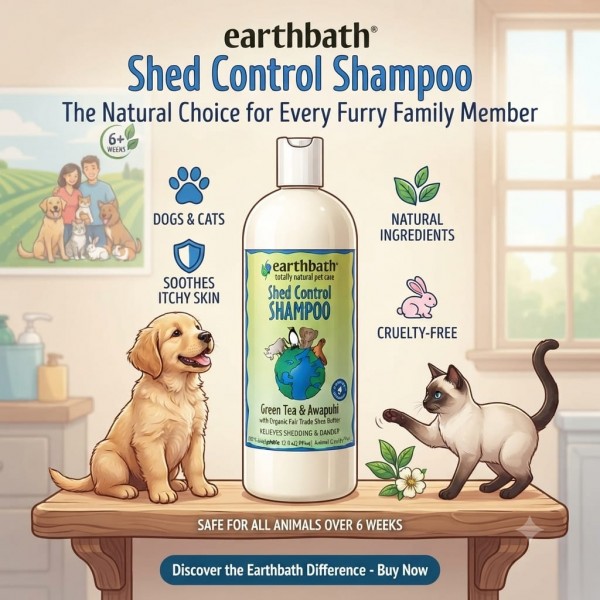 Earthbath Shed Control Shampoo for Dogs and Cats, 994 ml (32 oz), Green Tea & Awapuhi with Organic Fair Trade Shea Butter, Helps Reduce Shedding and Dander, pH Balanced, Soap Free, Cruelty Free Pet Shampoo Made in USA