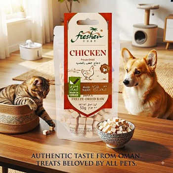 SAFA Freshen Cube Chicken Freeze Dried Raw Cat and Dog Treat 50g 100% Natural Chicken Freeze Dried Pet Snack High Protein 82% Low Fat Complementary Treat Reward and Food Mixer for Adult Cats and Dogs Muscle Support Made in Oman
