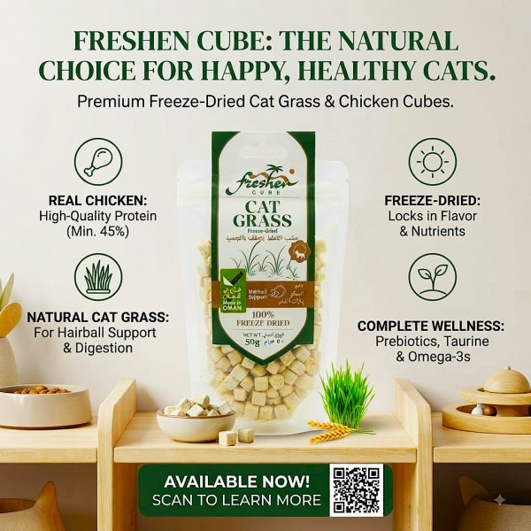 SAFA Freshen Cube Freeze Dried Cat Treat Chicken and Cat Grass High Protein Hairball Support with Taurine Omega 3 and Prebiotics 50g