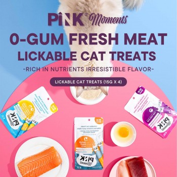 Pink Moments Lickable Cat Treat Salmon & Chicken 15g x 4 Creamy Puree Squeeze Snack Grain Free Cat Food Topper with Taurine Wheatgrass Fiber for Kittens and Adult Cats