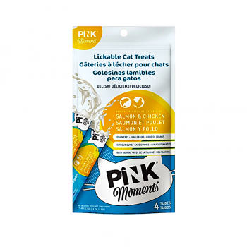 Pink Moments Lickable Cat Treat Salmon & Chicken 15g x 4 Creamy Puree Squeeze Snack Grain Free Cat Food Topper with Taurine Wheatgrass Fiber for Kittens and Adult Cats