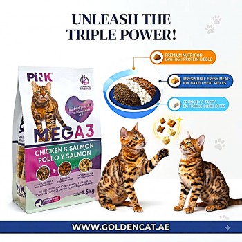 PINK MEGA 3 All Life Stages Cat Food Chicken Salmon Recipe 1.5 kg Grain Free High Protein Cat Food Triple Texture Kibble Baked Raw Freeze Dried Raw Complete Balanced Nutrition
