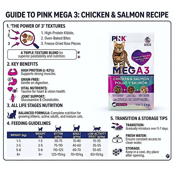 PINK MEGA 3 All Life Stages Cat Food Chicken Salmon Recipe 1.5 kg Grain Free High Protein Cat Food Triple Texture Kibble Baked Raw Freeze Dried Raw Complete Balanced Nutrition