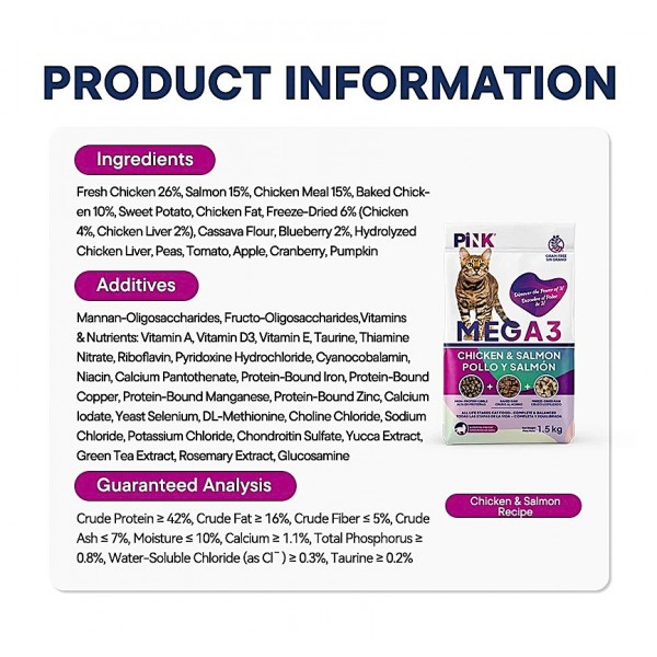 PINK MEGA 3 All Life Stages Cat Food Chicken Salmon Recipe 1.5 kg Grain Free High Protein Cat Food Triple Texture Kibble Baked Raw Freeze Dried Raw Complete Balanced Nutrition