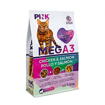 PINK MEGA 3 All Life Stages Cat Food Chicken Salmon Recipe 1.5 kg Grain Free High Protein Cat Food Triple Texture Kibble Baked Raw Freeze Dried Raw Complete Balanced Nutrition