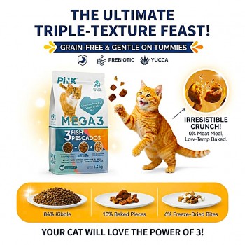 Pink Mega 3 Grain Free 3 Fish Recipe Cat Food 1.5 kg All Life Stages High Protein Salmon Cod Whitefish Kibble with Oven Baked Raw and Freeze Dried Fish Complete Balanced Nutrition Omega Fatty Acids Taurine