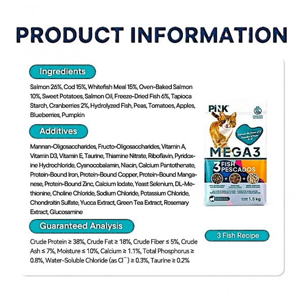 Pink Mega 3 Grain Free 3 Fish Recipe Cat Food 1.5 kg All Life Stages High Protein Salmon Cod Whitefish Kibble with Oven Baked Raw and Freeze Dried Fish Complete Balanced Nutrition Omega Fatty Acids Taurine