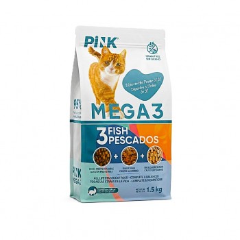 Pink Mega 3 Grain Free 3 Fish Recipe Cat Food 1.5 kg All Life Stages High Protein Salmon Cod Whitefish Kibble with Oven Baked Raw and Freeze Dried Fish Complete Balanced Nutrition Omega Fatty Acids Taurine