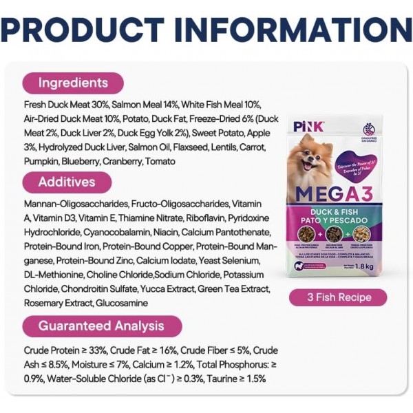 Pink Mega 3 Grain Free Dog Food Duck & Fish Recipe All Life Stages Triple Texture Kibble Air Dried & Freeze Dried Raw High Protein Complete Balanced Nutrition 1.8 kg