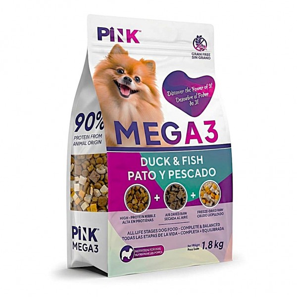 Pink Mega 3 Grain Free Dog Food Duck & Fish Recipe All Life Stages Triple Texture Kibble Air Dried & Freeze Dried Raw High Protein Complete Balanced Nutrition 1.8 kg