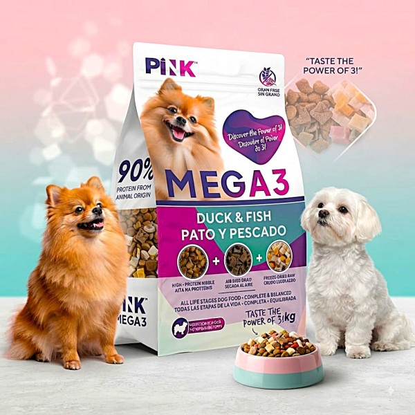 Pink Mega 3 Grain Free Dog Food Duck & Fish Recipe All Life Stages Triple Texture Kibble Air Dried & Freeze Dried Raw High Protein Complete Balanced Nutrition 1.8 kg