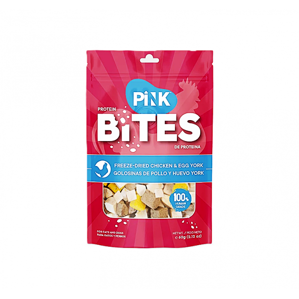 Pink Bites Freeze-Dried Chicken & Egg Yolk Cat & Dog Treats 60g, High Protein Pure Meat Pet Snacks, Natural Training Treats & Meal Topper, No Additives, All Life Stages