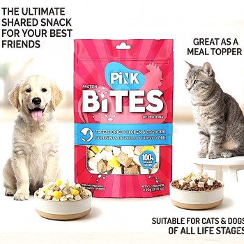 Pink Bites Freeze-Dried Chicken & Egg Yolk Cat & Dog Treats 60g, High Protein Pure Meat Pet Snacks, Natural Training Treats & Meal Topper, No Additives, All Life Stages