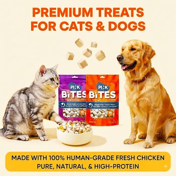 PINK Protein Bites Freeze Dried Chicken Treats for Cats and Dogs 60g 100% Pure Chicken High Protein Natural Pet Snack All Life Stages Grain Free Training Treat Topper