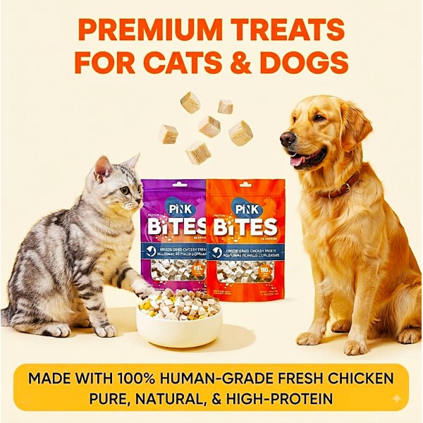 PINK Protein Bites Freeze Dried Chicken Treats for Cats and Dogs 60g 100% Pure Chicken High Protein Natural Pet Snack All Life Stages Grain Free Training Treat Topper