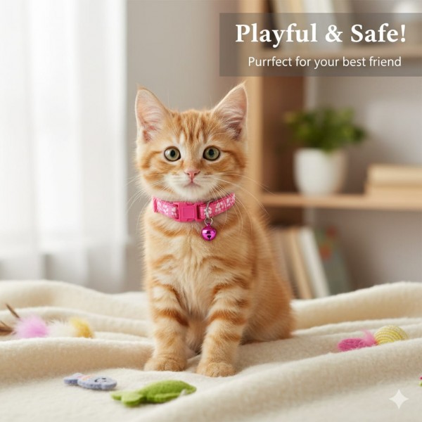 Pets Club Adjustable Cat Collar with Bell – Light Pink Paw Print, Safety Release Buckle, Lightweight Durable Fabric, Fits 19–32 cm Neck – Cute Cat Accessory for Indoor & Outdoor Cats