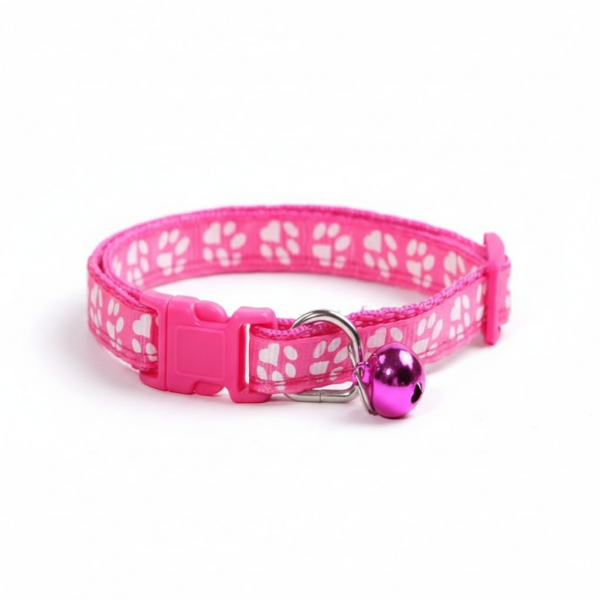 Pets Club Adjustable Cat Collar with Bell – Light Pink Paw Print, Safety Release Buckle, Lightweight Durable Fabric, Fits 19–32 cm Neck – Cute Cat Accessory for Indoor & Outdoor Cats