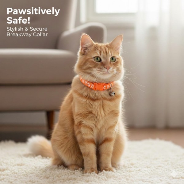 Pets Club Adjustable Cat Collar with Bell – Orange Paw Print Design, Safe & Comfortable Fit for Cats, Breakaway Buckle, Lightweight & Stylish
