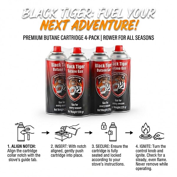 Black Tiger Butane Gas Cartridge 220g 4 Pack Portable Camping Stove Fuel Canisters Butane Gas Cartridges for Compatible Portable Stoves Burners Cooking Torches Outdoor Camping Cooking