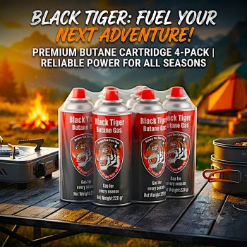 Black Tiger Butane Gas Cartridge 220g 4 Pack Portable Camping Stove Fuel Canisters Butane Gas Cartridges for Compatible Portable Stoves Burners Cooking Torches Outdoor Camping Cooking