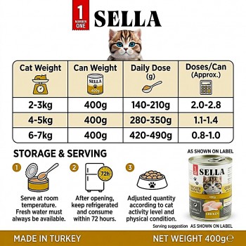 SELLA Wet Cat Food Chunks in Gravy with Chicken & Bonito for Adult Cats, 400g Single Can, Enriched with Vitamins A, D3, E and Taurine, Made in Turkey