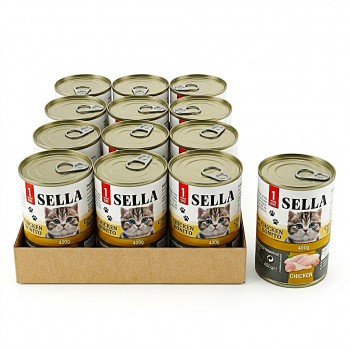 SELLA Wet Cat Food Chunks in Gravy with Chicken & Bonito for Adult Cats, 12 Cans x 400g (4.8kg), Enriched with Vitamins A, D3, E and Taurine, Made in Turkey