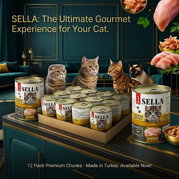 SELLA Wet Cat Food Chunks in Gravy with Chicken & Bonito for Adult Cats, 12 Cans x 400g (4.8kg), Enriched with Vitamins A, D3, E and Taurine, Made in Turkey