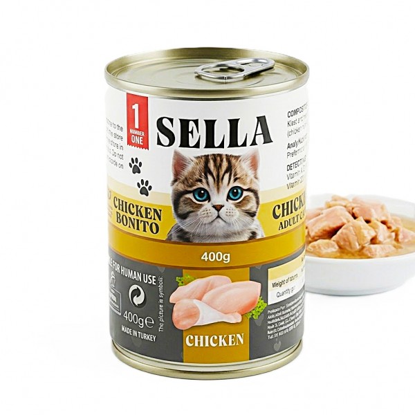 SELLA Wet Cat Food Chunks in Gravy with Chicken & Bonito for Adult Cats, 12 Cans x 400g (4.8kg), Enriched with Vitamins A, D3, E and Taurine, Made in Turkey SELLA Wet Cat Food Chunks in Gravy with Chicken & Bonito for Adult Cats, 12 Cans x 400g (4.8kg), Enriched with Vitamins A, D3, E and Taurine, Made in Turkey