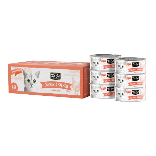Kit Cat Deboned Chicken & Salmon Toppers Wet Cat Food,6 x 50g, Grain-Free Natural Recipe with Taurine & Omega-3, Hairball Control