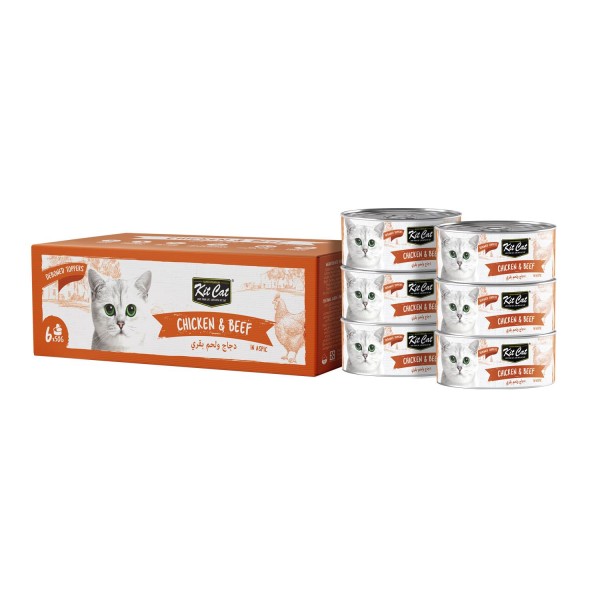 Kit Cat Deboned Chicken & Beef Toppers Wet Cat Food 6x50g, Grain-Free Natural Cat Food, Hairball Control, Taurine, Omega-3