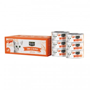 Kit Cat Deboned Tuna & Salmon Toppers Wet Cat Food, 6 x 50g, Grain-Free Natural Cat Food Topper with Omega-3 & Taurine, Hairball Control, No Artificial Preservatives