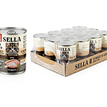 SELLA Wet Cat Food for Adult Cats, Turkey & Bonito Chunks in Gravy, Complete & Balanced Nutrition with Vitamins A, D3, E & Taurine, No Added Artificial Colors or Preservatives, 400g (Pack of 12 Cans)